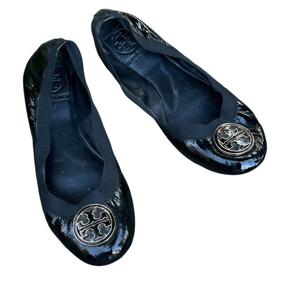 Tory Burch Minnie Black Patent Leather Travel Ballet Flat Size 8 - Picture 1 of 7